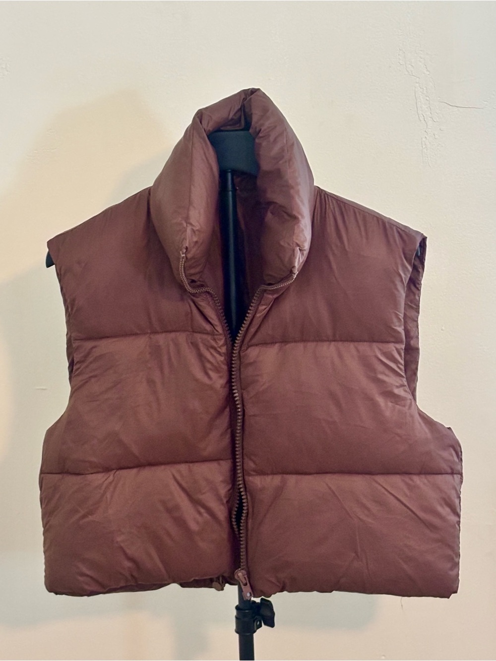Brown Cropped Puffer Vest Stand Collar Zip Up Bubble Gilet - Picture 3 of 6